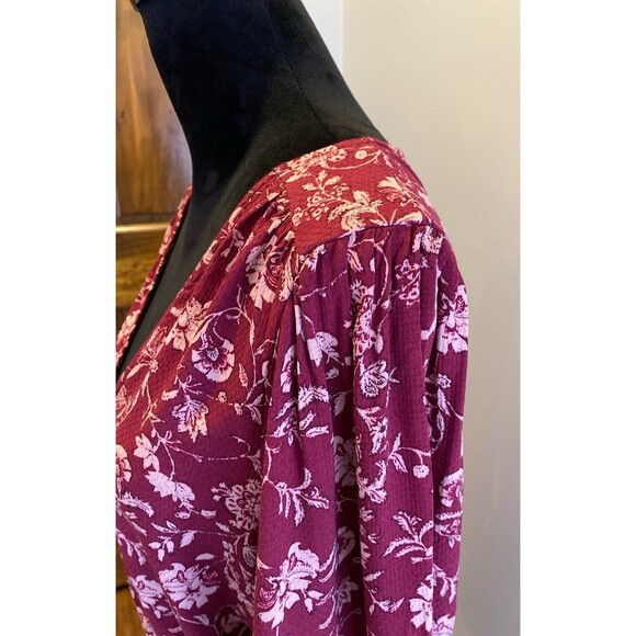 Knox Rose Sz XL Dress Peasant Cottagecore Burgundy Floral Faux Wrap V Neck - Picture 5 of 12